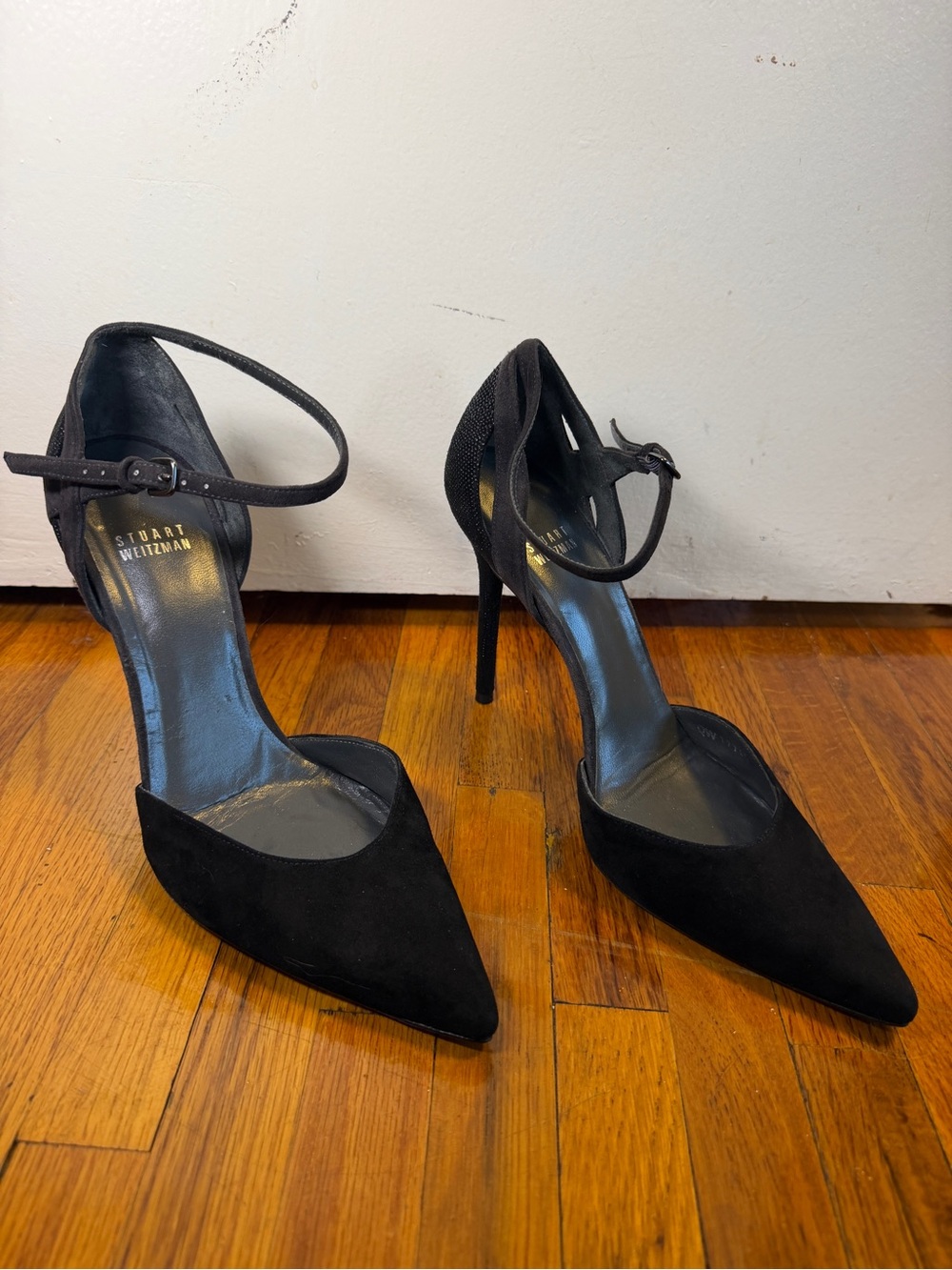 Stuart Weitzman Black Suede Pointed Ankle-Strap Pumps - Picture 2 of 9